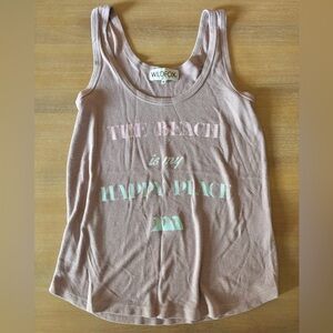 Wildfox Ribbed Tank “Beach is My Happy Place” Graphic Dusty Pink, Sz Small